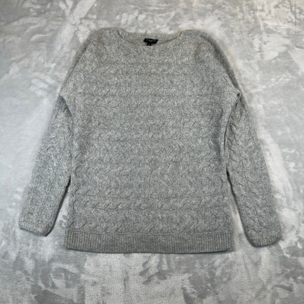 Talbots Sweater Womens P Gray Cable Knit Crew Neck Long Sleeve Pullover Petite